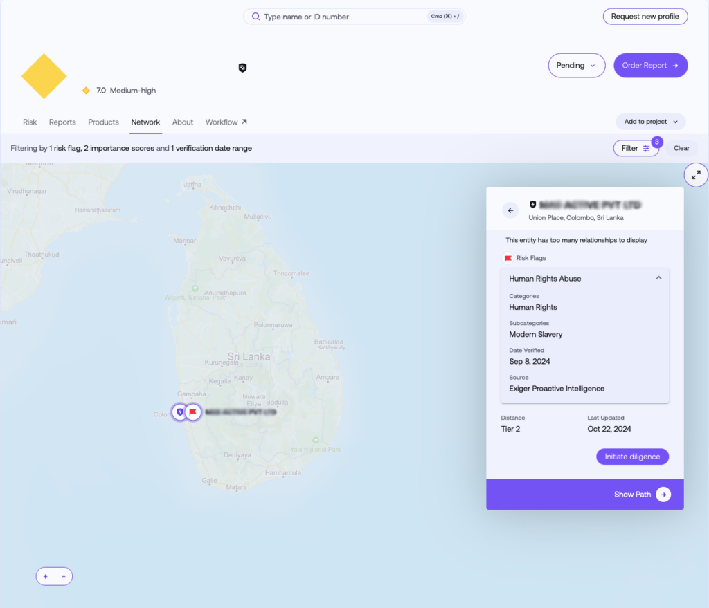 Sample screenshot from 1Exiger identifying a supplier’s modern slavery risk.