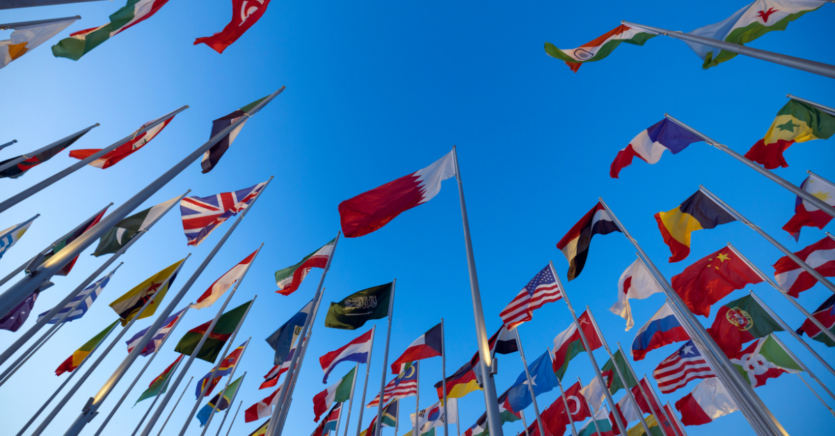 upward view of national flags from all over the globe