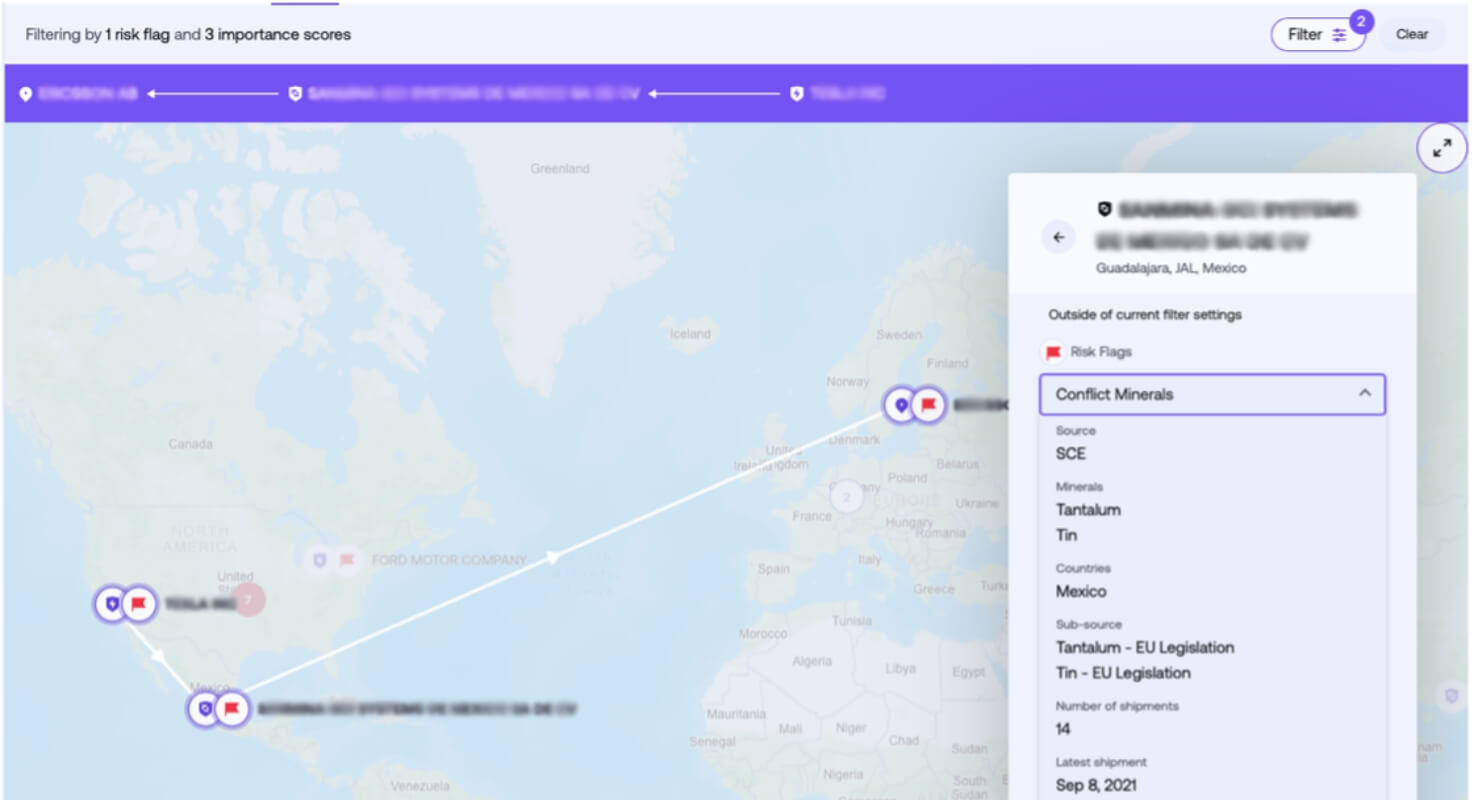 Exiger illuminating sub-tier conflict mineral risks associated with a tier 2 supplier, ensuring supply chain compliance and ethical sourcing.