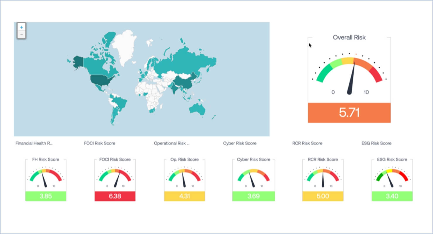 screenshot from Exiger dashboard with map diplay and risk assessments by category