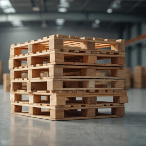 Wooden pallets stacked in empty warehouse.