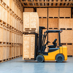 Forklift lifting wooden crates in storage facility.